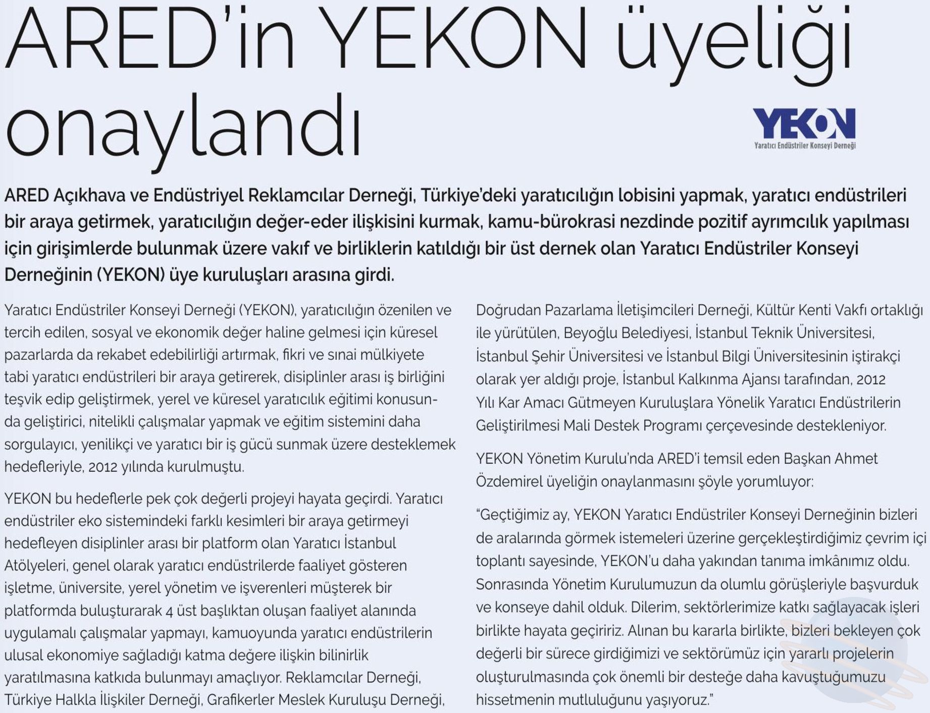 ARED'in YEKON üyeliği onaylandı