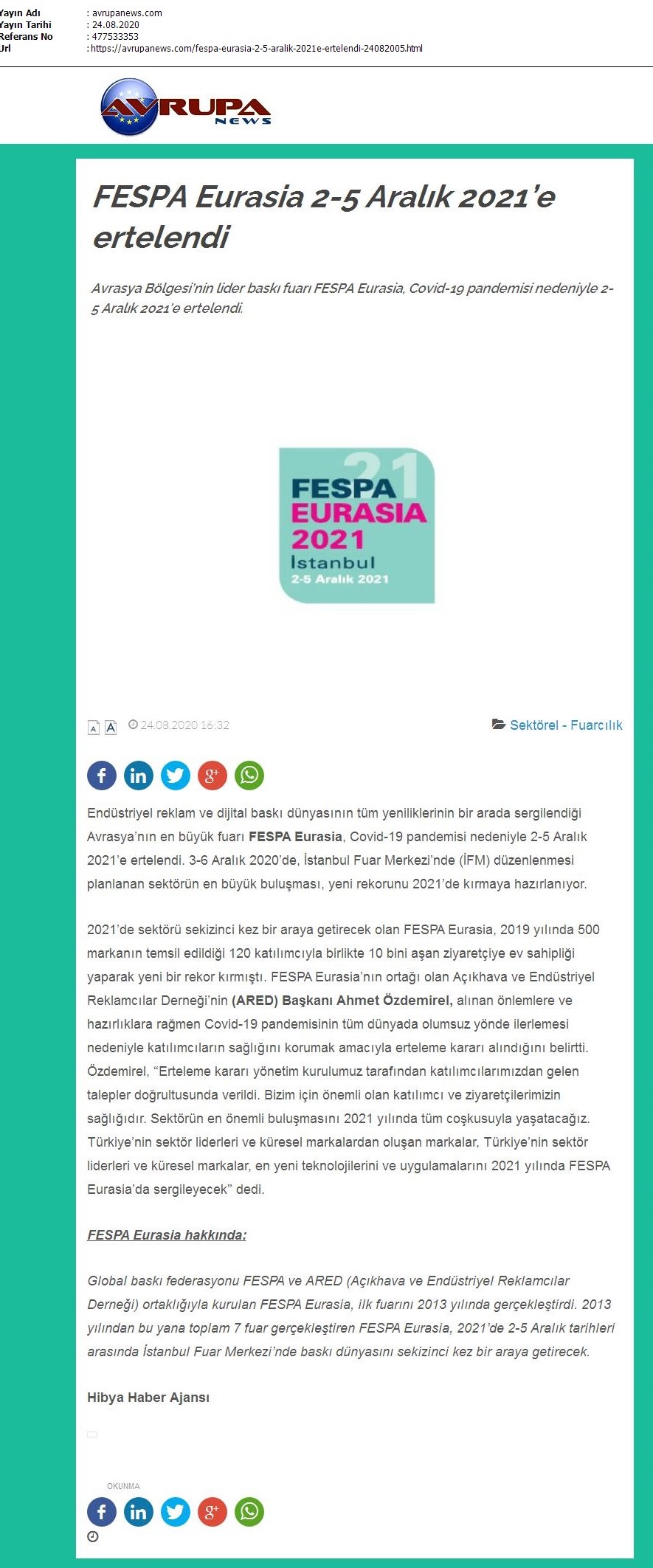 FESPA Eurasia 2-5 Aralık 2021’e ertelendi