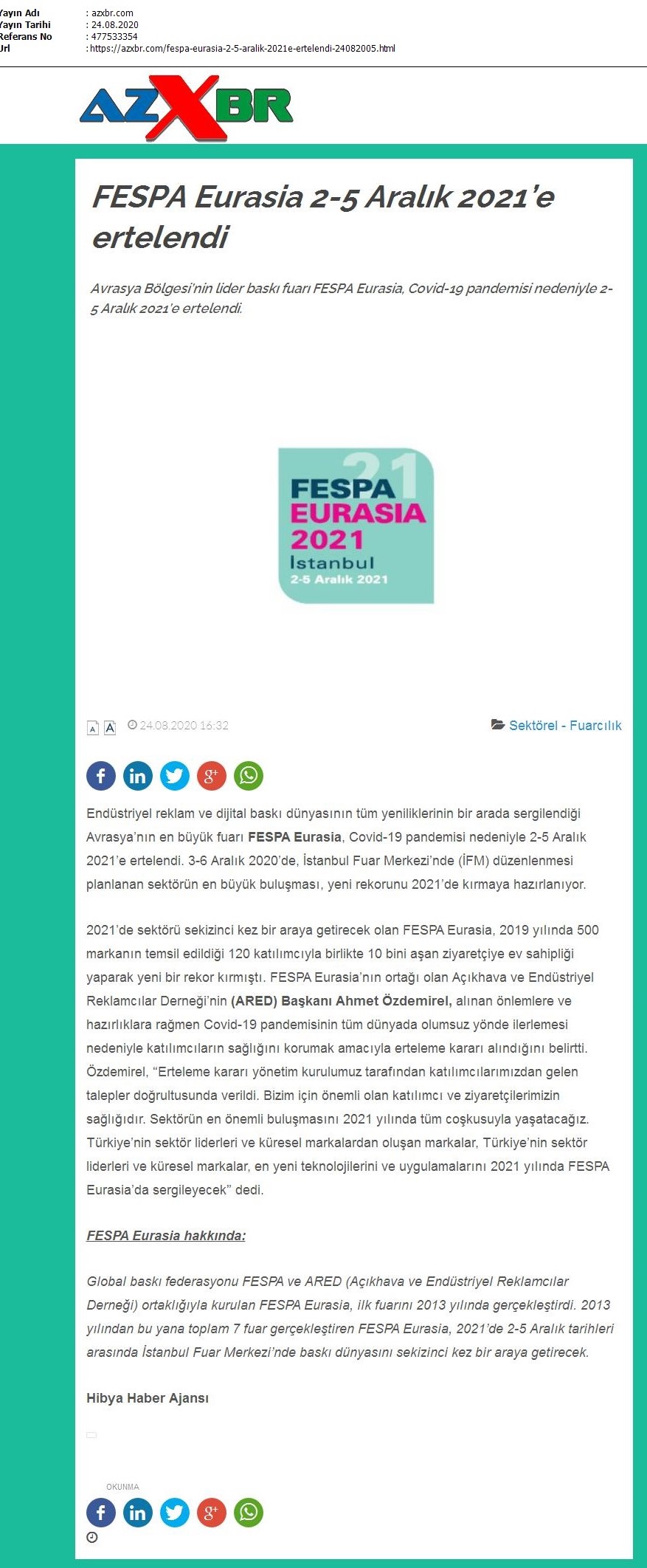 FESPA Eurasia 2-5 Aralık 2021’e ertelendi