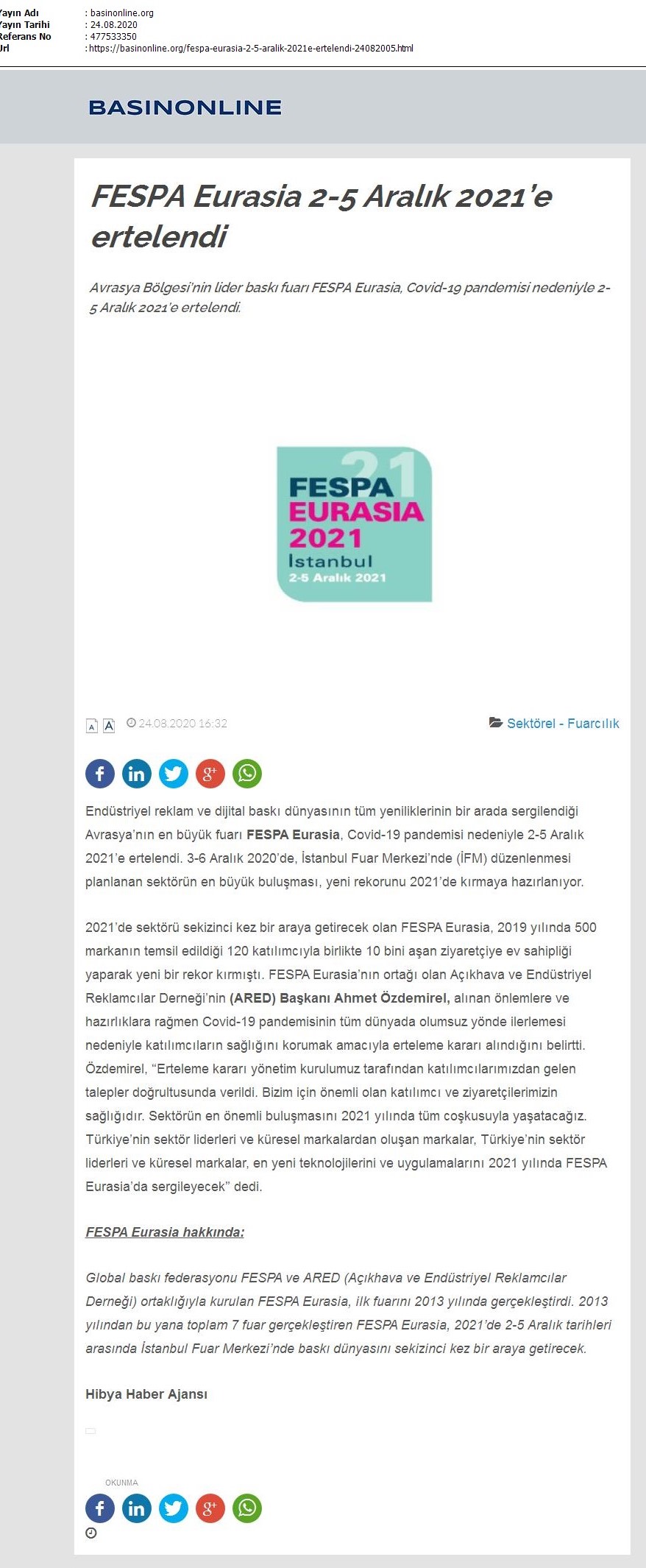 FESPA Eurasia 2-5 Aralık 2021’e ertelendi