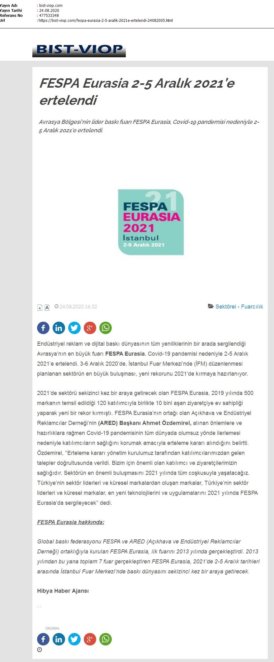 FESPA Eurasia 2-5 Aralık 2021’e ertelendi