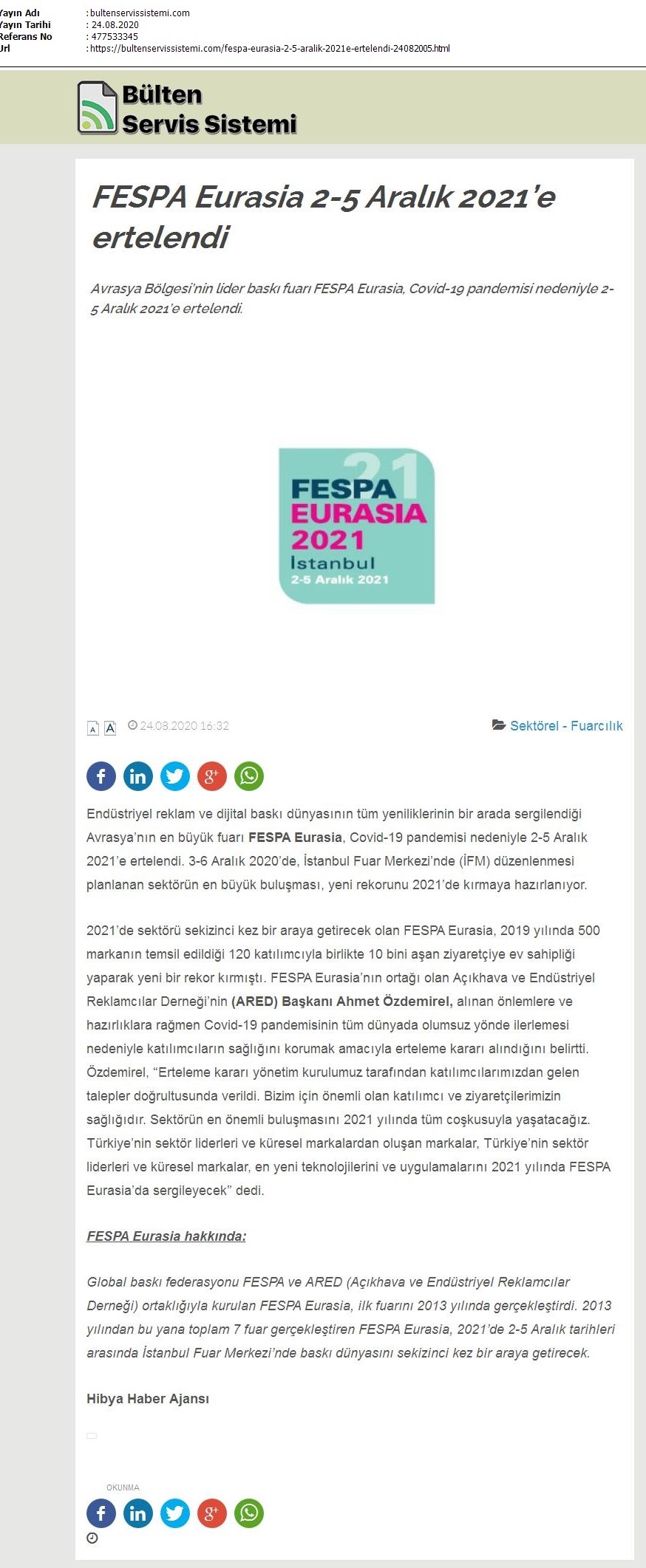 FESPA Eurasia 2-5 Aralık 2021’e ertelendi