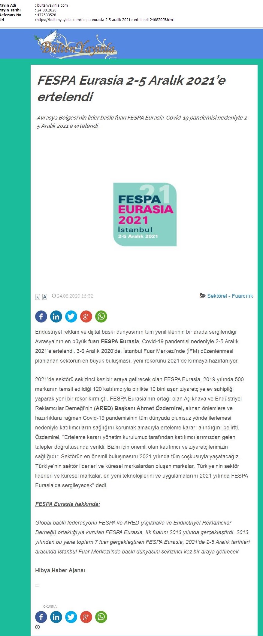 FESPA Eurasia 2-5 Aralık 2021’e ertelendi