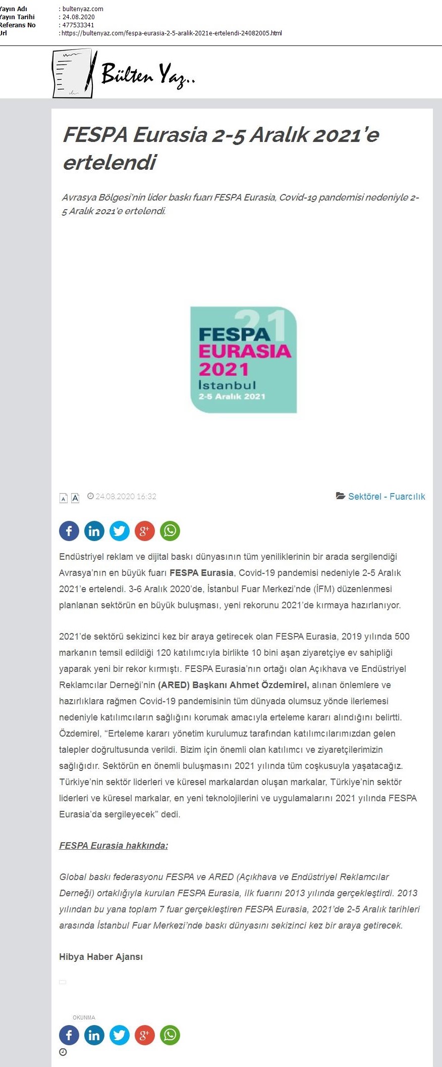 FESPA Eurasia 2-5 Aralık 2021’e ertelendi