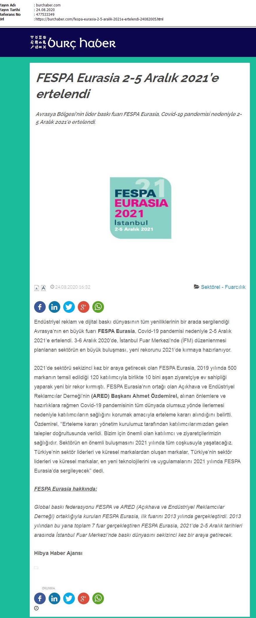 FESPA Eurasia 2-5 Aralık 2021’e ertelendi