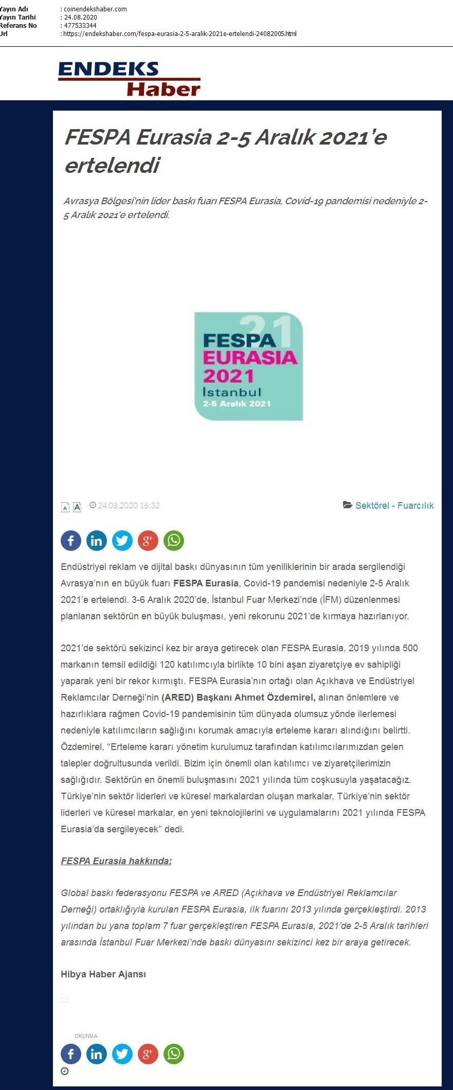 FESPA Eurasia 2-5 Aralık 2021’e ertelendi