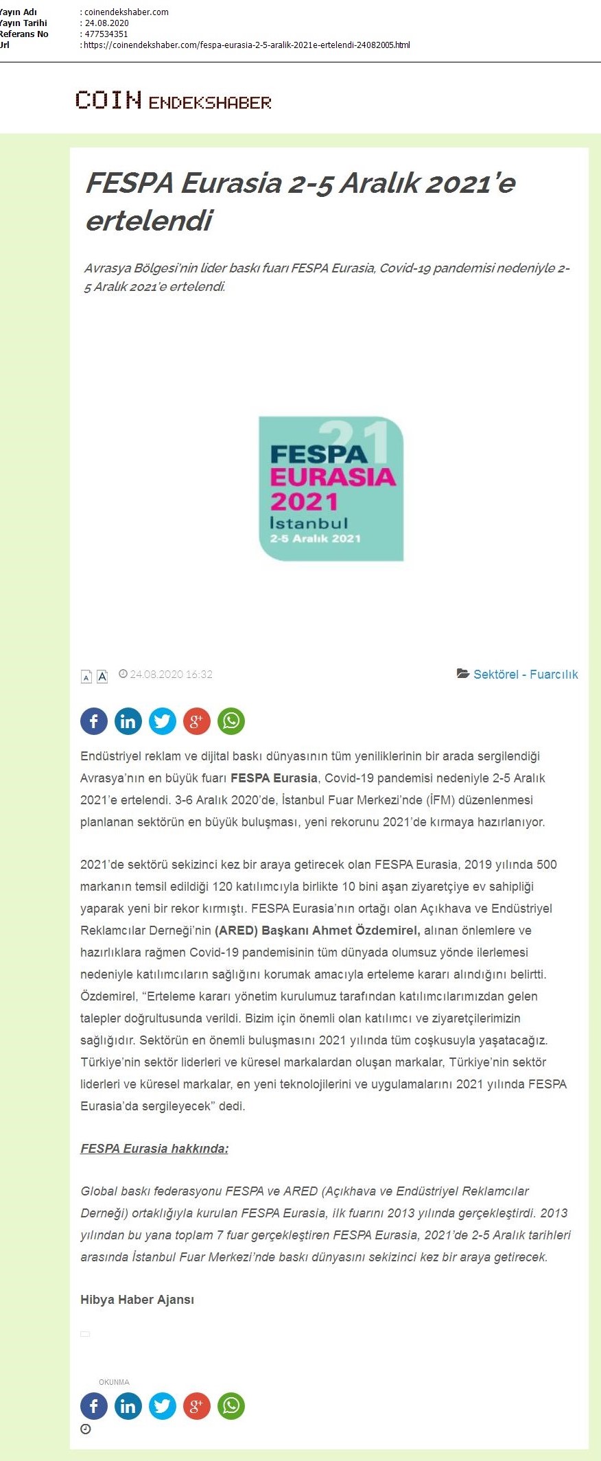 FESPA Eurasia 2-5 Aralık 2021’e ertelendi