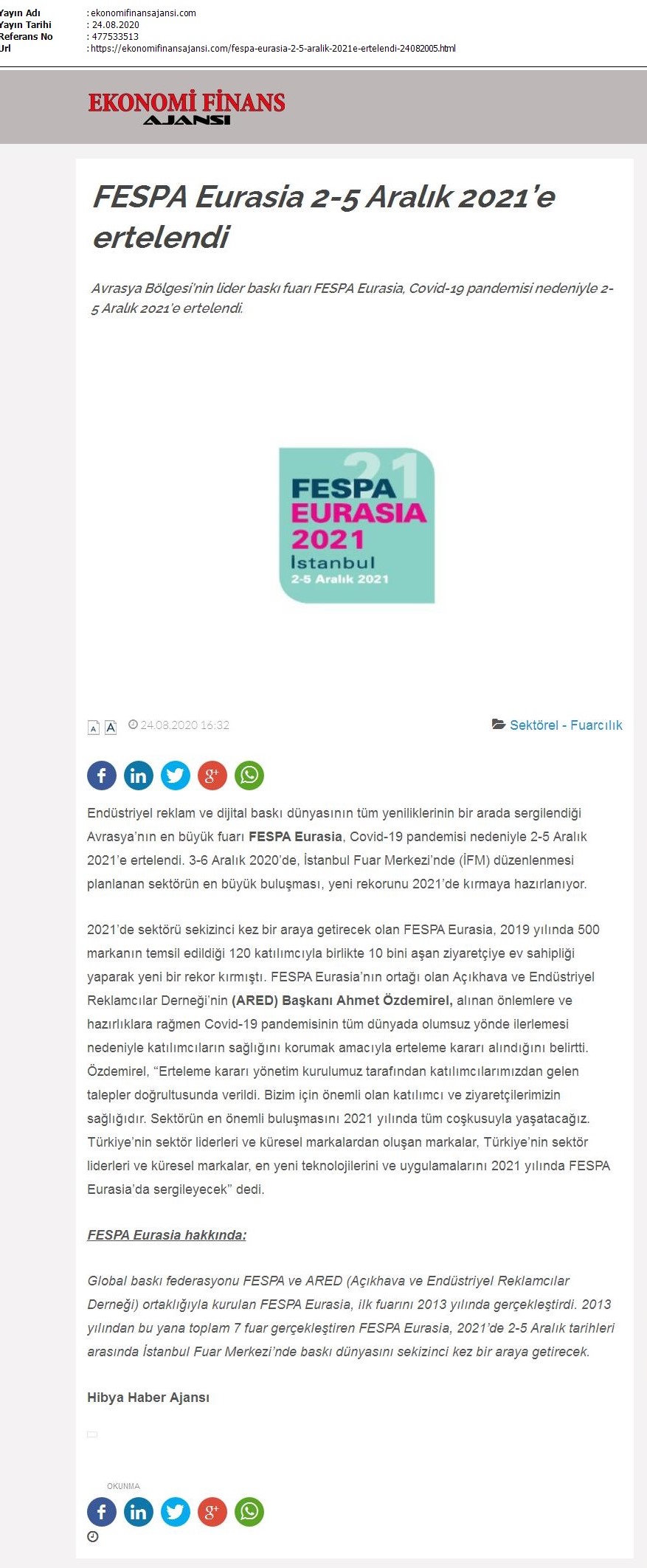 FESPA Eurasia 2-5 Aralık 2021’e ertelendi