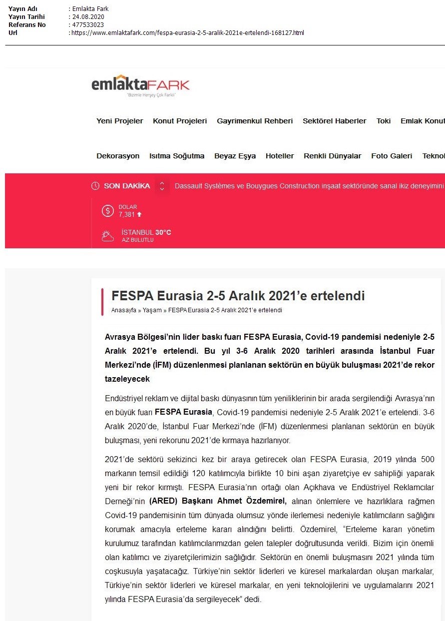 FESPA Eurasia 2-5 Aralık 2021’e ertelendi