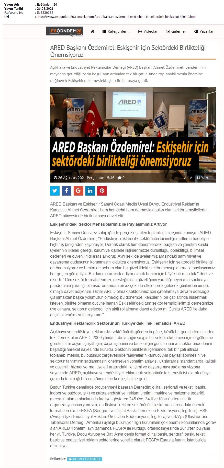 ARED Başkanı Ahmet Özdemirel; “Eskişehir için Sektördeki Birlikteliği Önemsiyoruz”