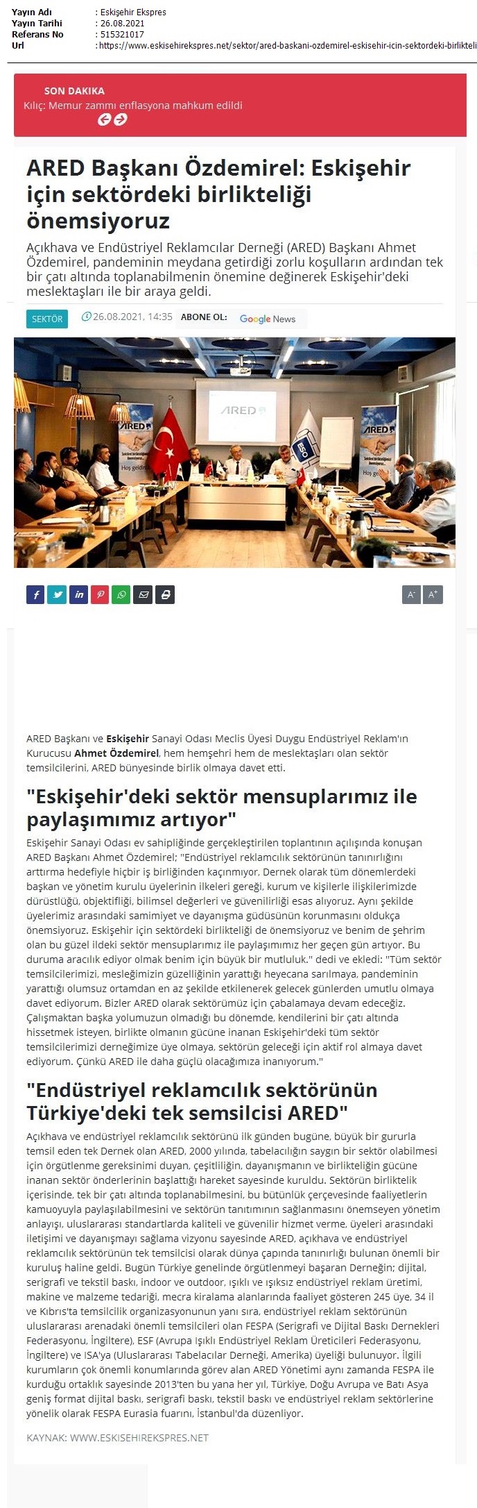 ARED Başkanı Ahmet Özdemirel; “Eskişehir için Sektördeki Birlikteliği Önemsiyoruz”