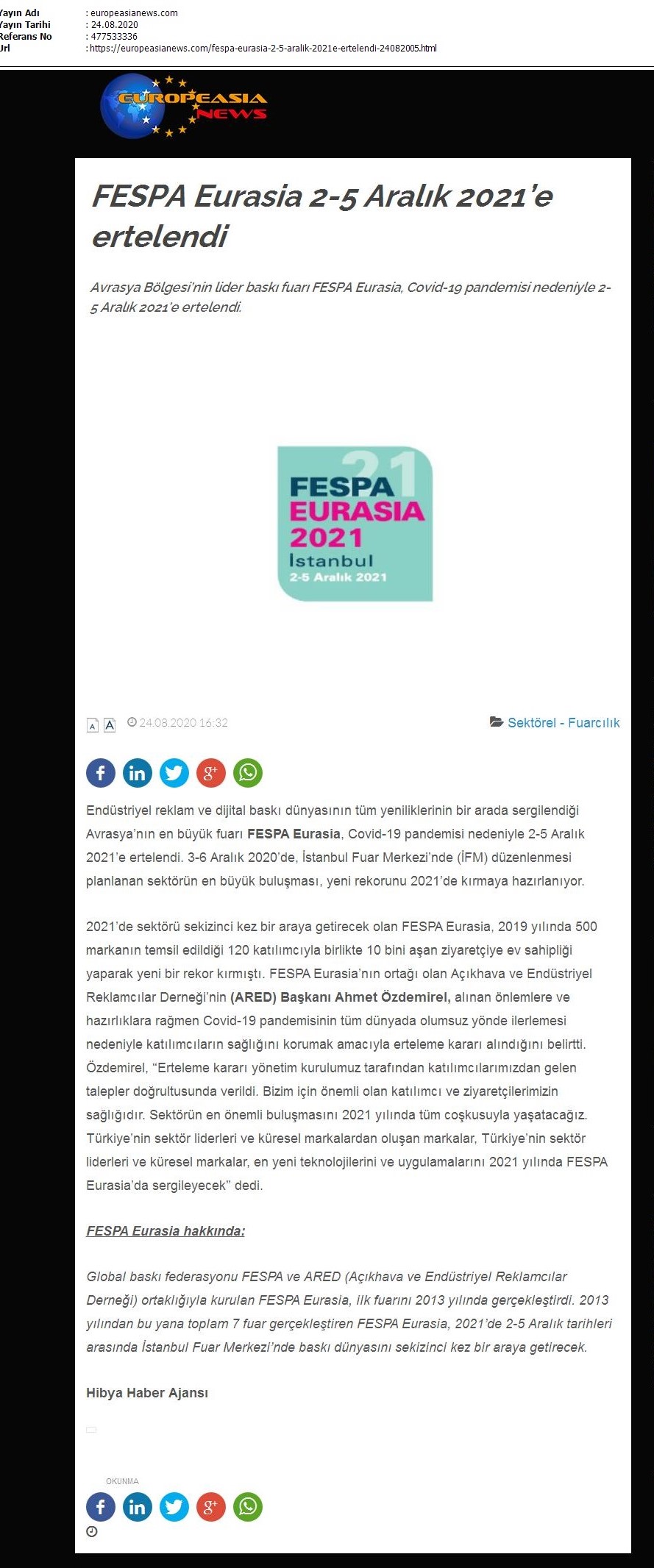 FESPA Eurasia 2-5 Aralık 2021’e ertelendi