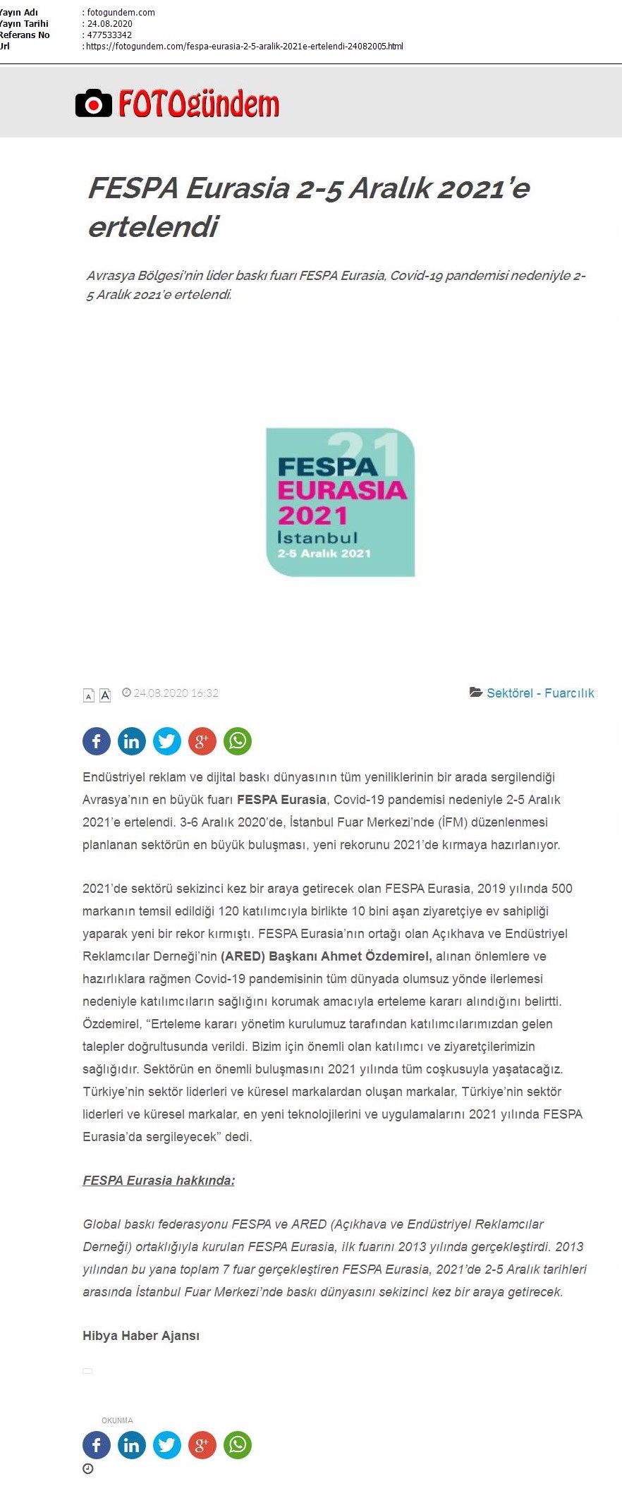 FESPA Eurasia 2-5 Aralık 2021’e ertelendi