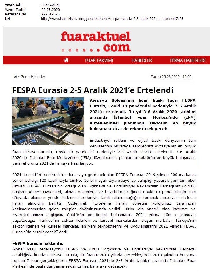 FESPA Eurasia 2-5 Aralık 2021’e ertelendi