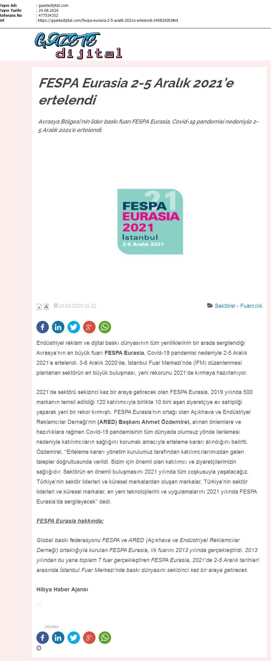 FESPA Eurasia 2-5 Aralık 2021’e ertelendi