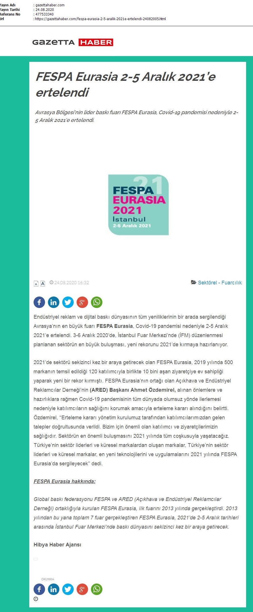 FESPA Eurasia 2-5 Aralık 2021’e ertelendi