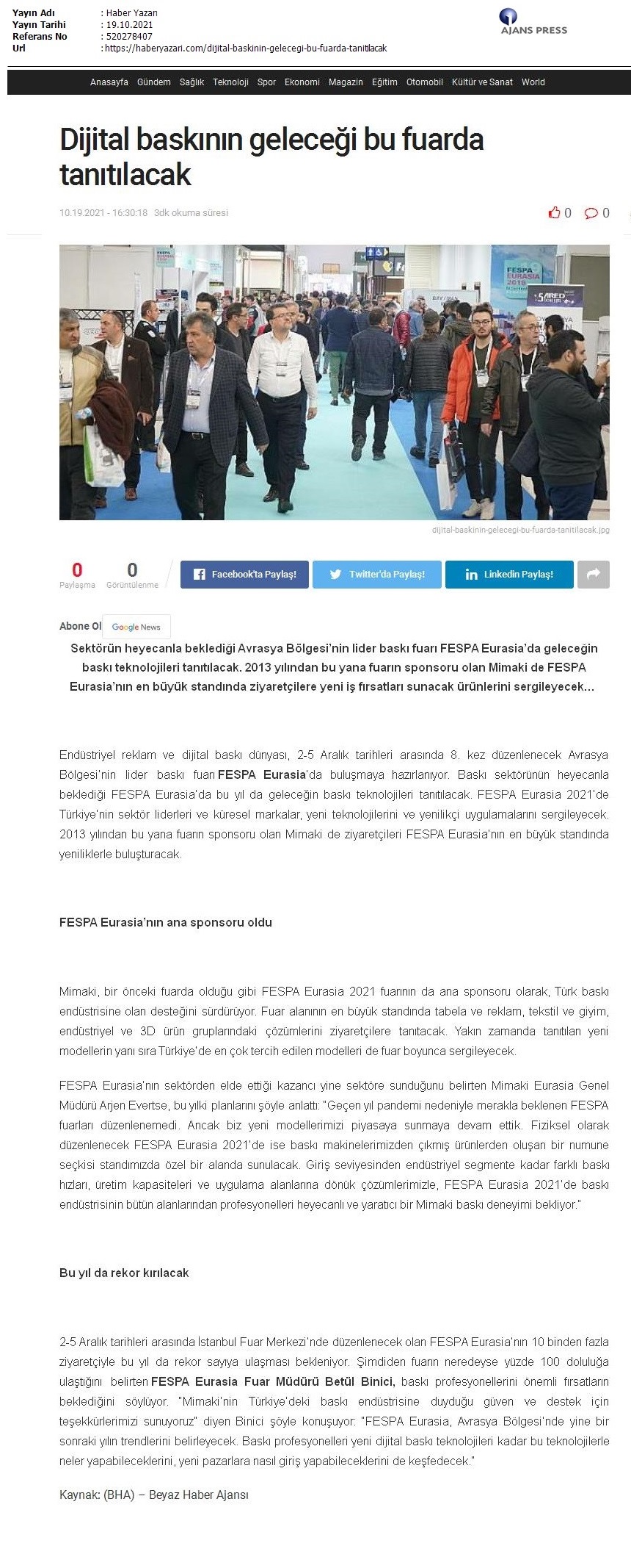 Dijital baskı teknolojisinin geleceği FESPA Eurasia'da tanıtılacak