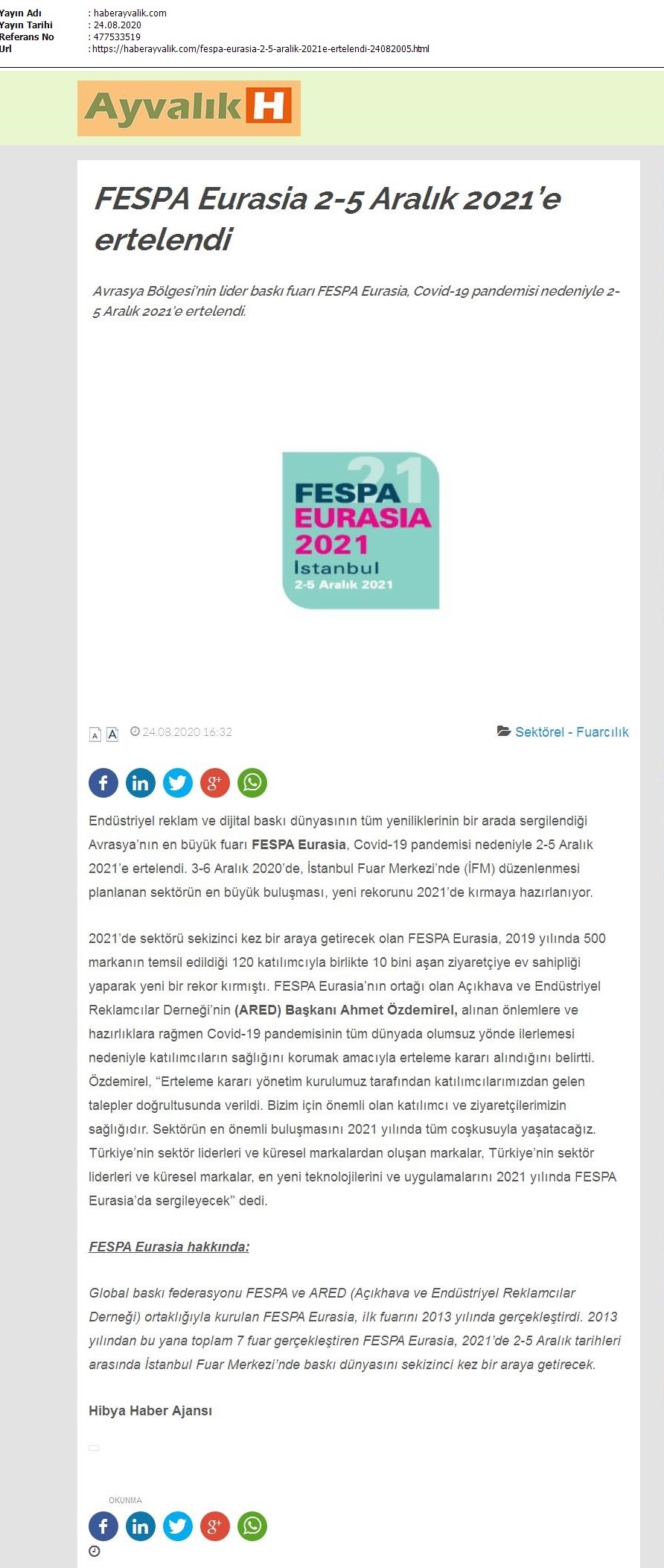 FESPA Eurasia 2-5 Aralık 2021’e ertelendi