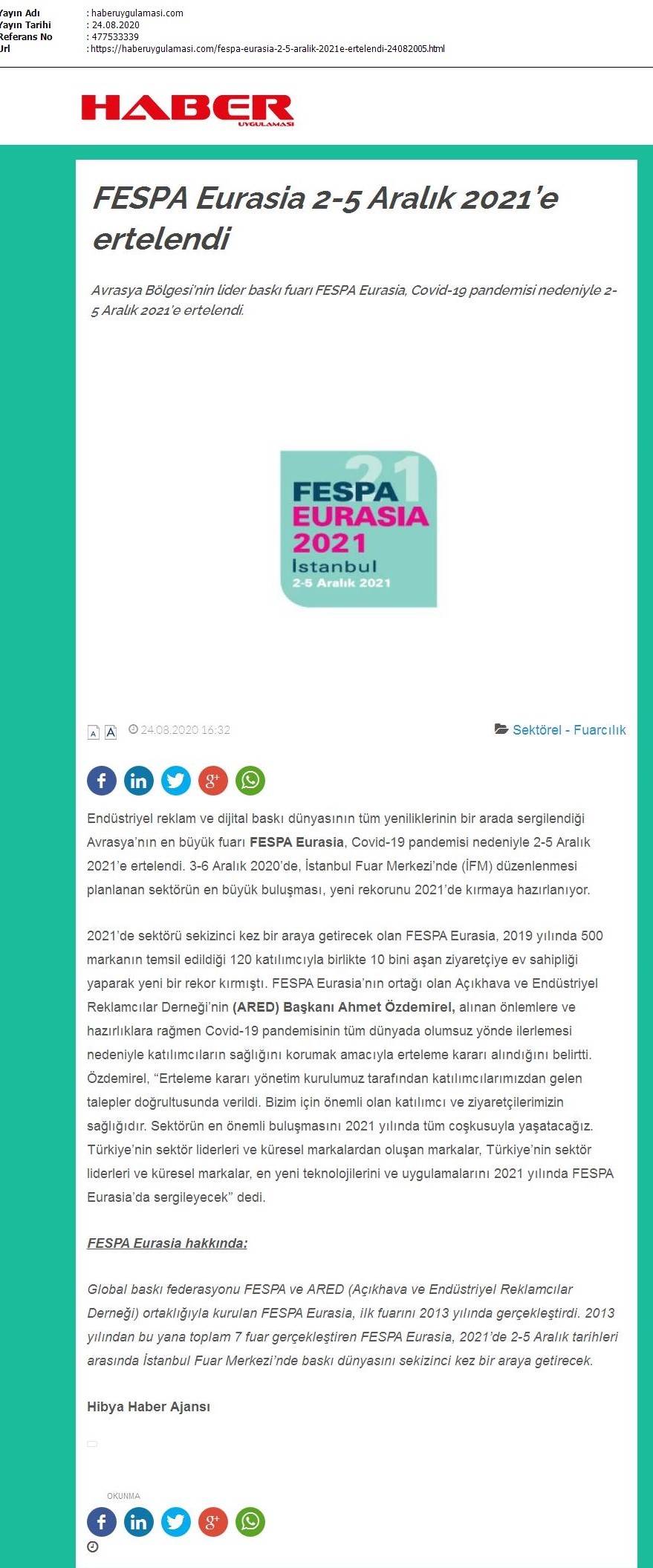 FESPA Eurasia 2-5 Aralık 2021’e ertelendi