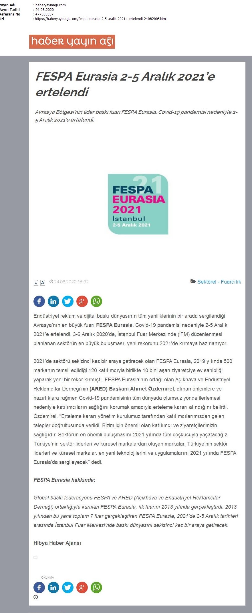 FESPA Eurasia 2-5 Aralık 2021’e ertelendi