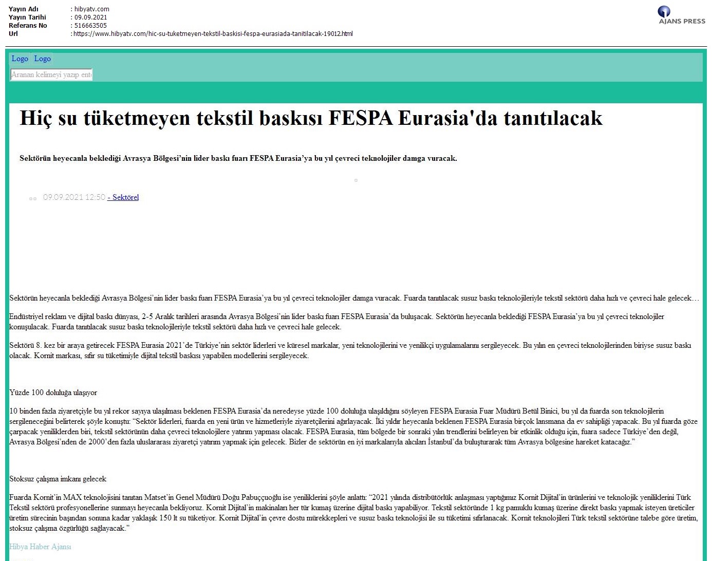 Hiç su tüketmeyen tekstil baskısı FESPA Eurasia'da tanıtılacak
