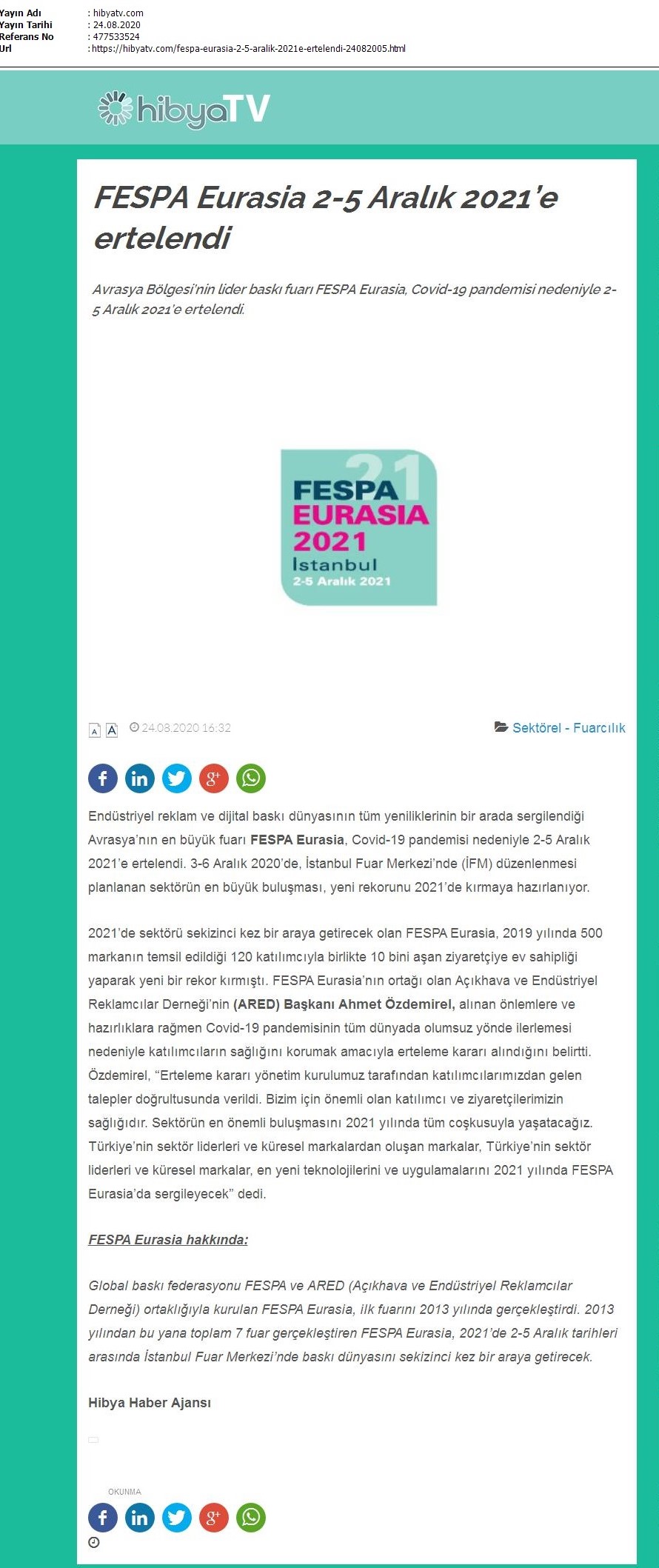 FESPA Eurasia 2-5 Aralık 2021’e ertelendi