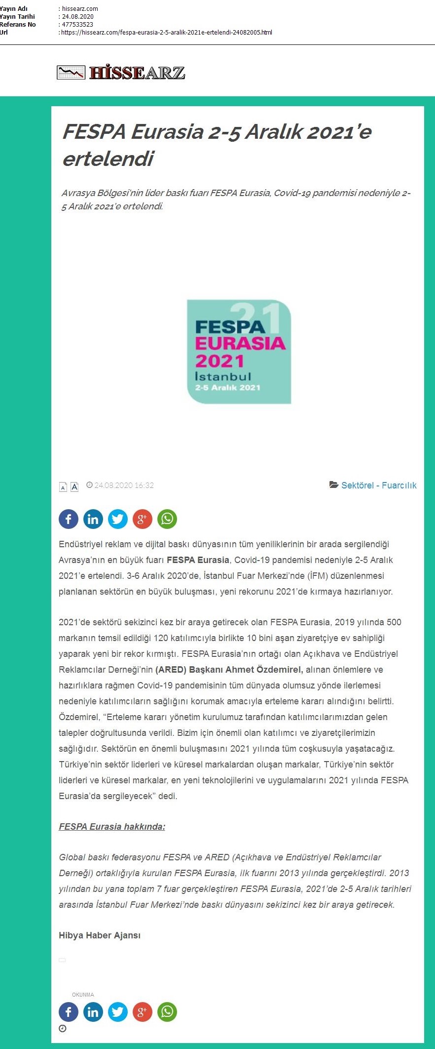 FESPA Eurasia 2-5 Aralık 2021’e ertelendi