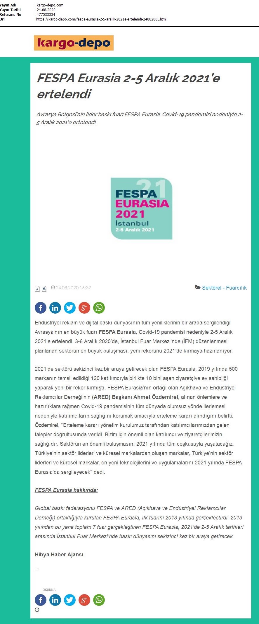 FESPA Eurasia 2-5 Aralık 2021’e ertelendi