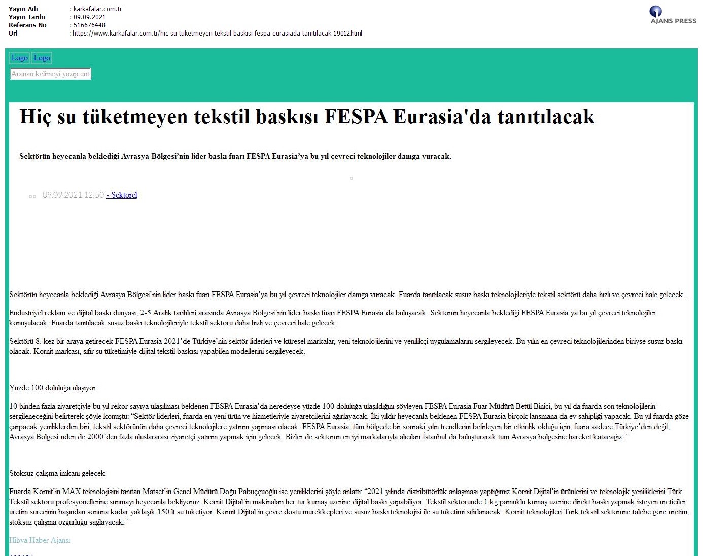 Hiç su tüketmeyen tekstil baskısı FESPA Eurasia'da tanıtılacak