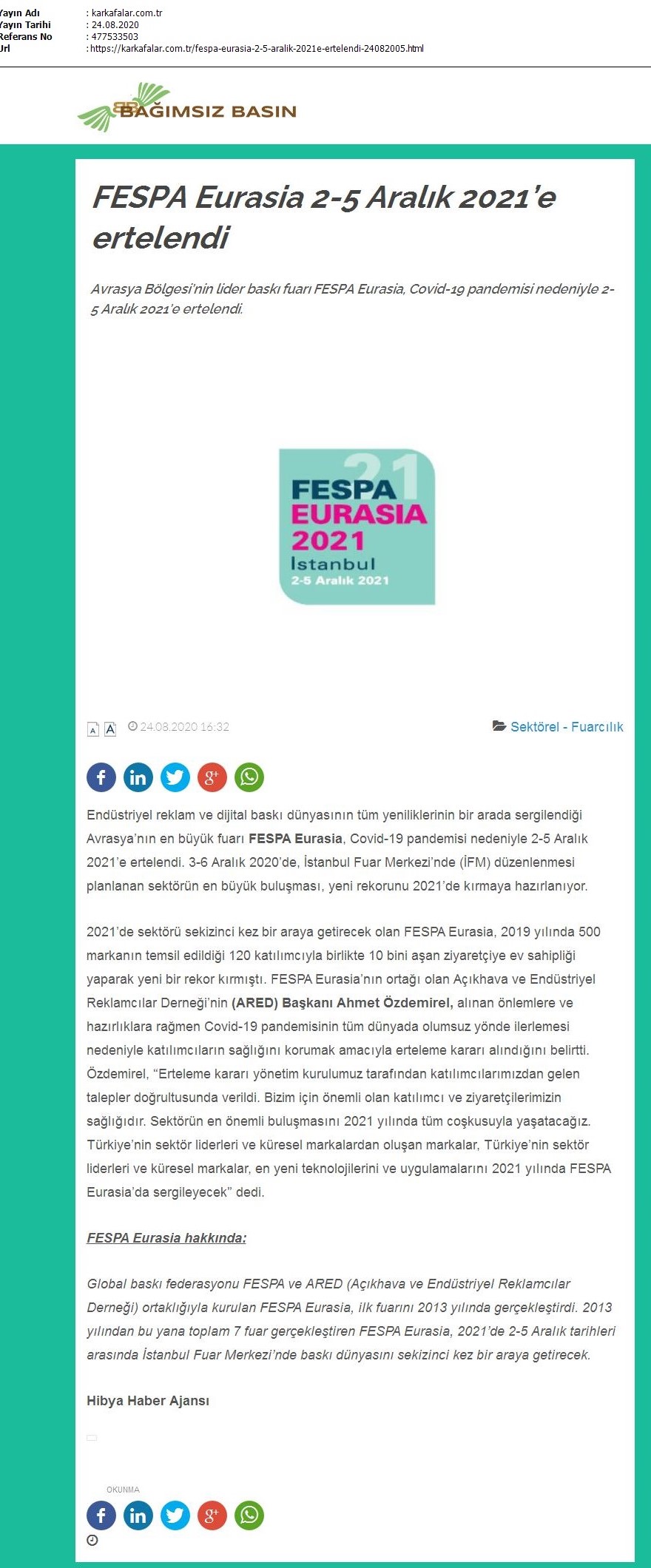 FESPA Eurasia 2-5 Aralık 2021’e ertelendi