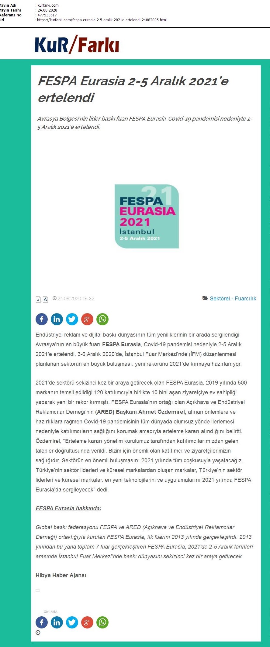 FESPA Eurasia 2-5 Aralık 2021’e ertelendi