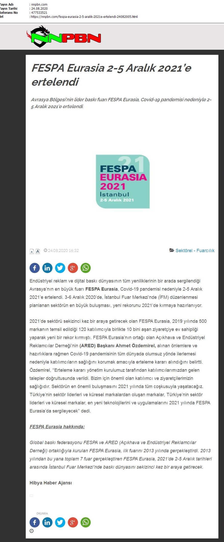 FESPA Eurasia 2-5 Aralık 2021’e ertelendi