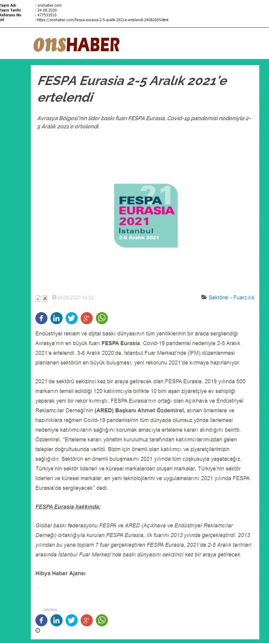 FESPA Eurasia 2-5 Aralık 2021’e ertelendi