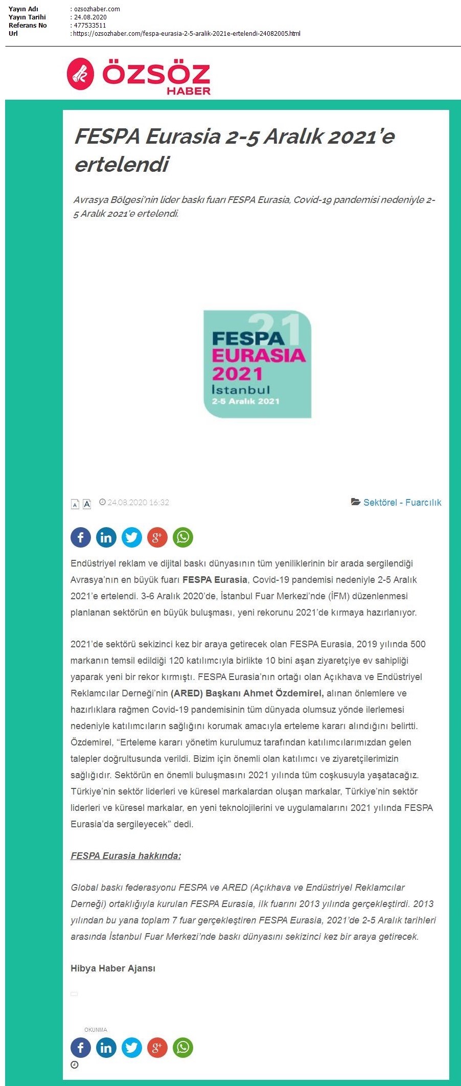 FESPA Eurasia 2-5 Aralık 2021’e ertelendi