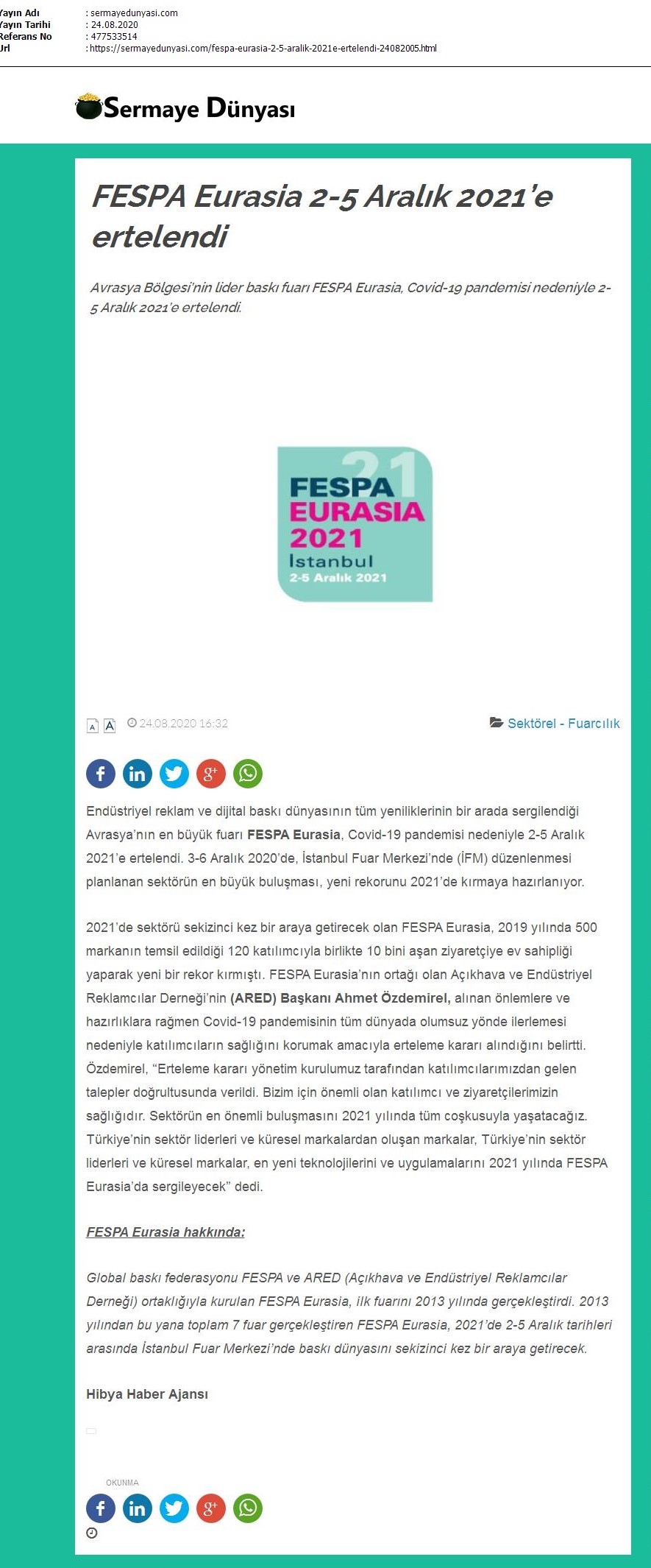 FESPA Eurasia 2-5 Aralık 2021’e ertelendi