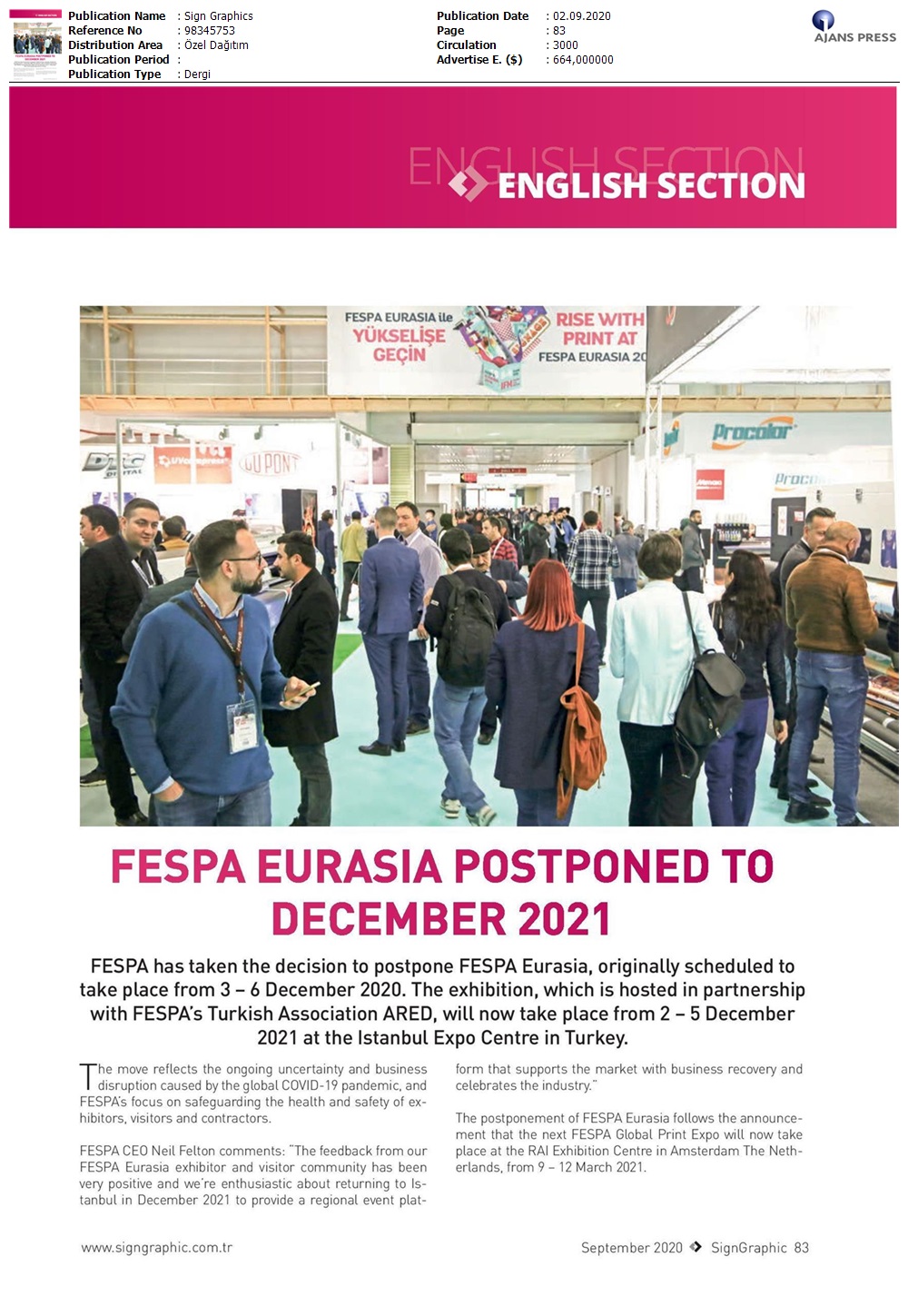 FESPA Eurasia 2-5 Aralık 2021’e ertelendi