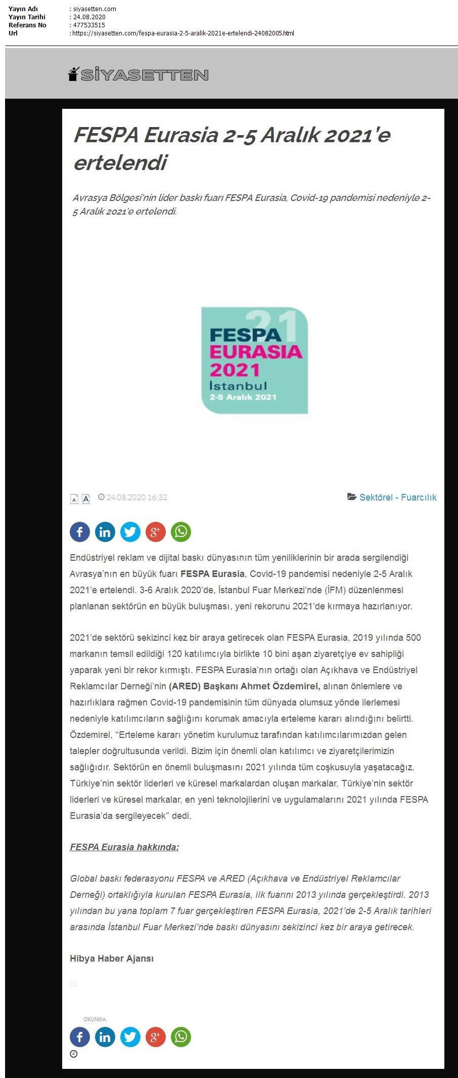 FESPA Eurasia 2-5 Aralık 2021’e ertelendi