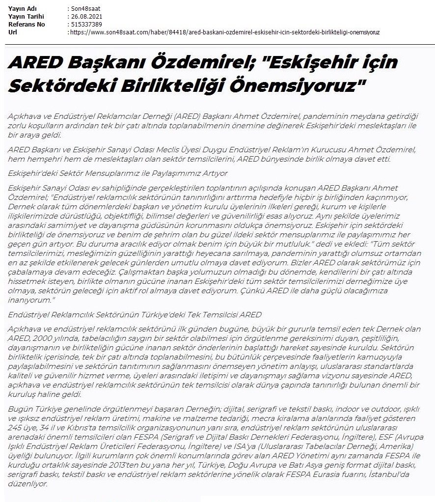 ARED Başkanı Ahmet Özdemirel; “Eskişehir için Sektördeki Birlikteliği Önemsiyoruz”