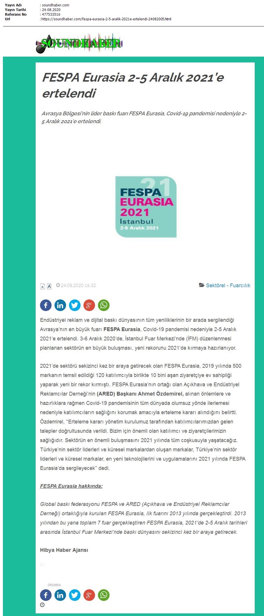 FESPA Eurasia 2-5 Aralık 2021’e ertelendi