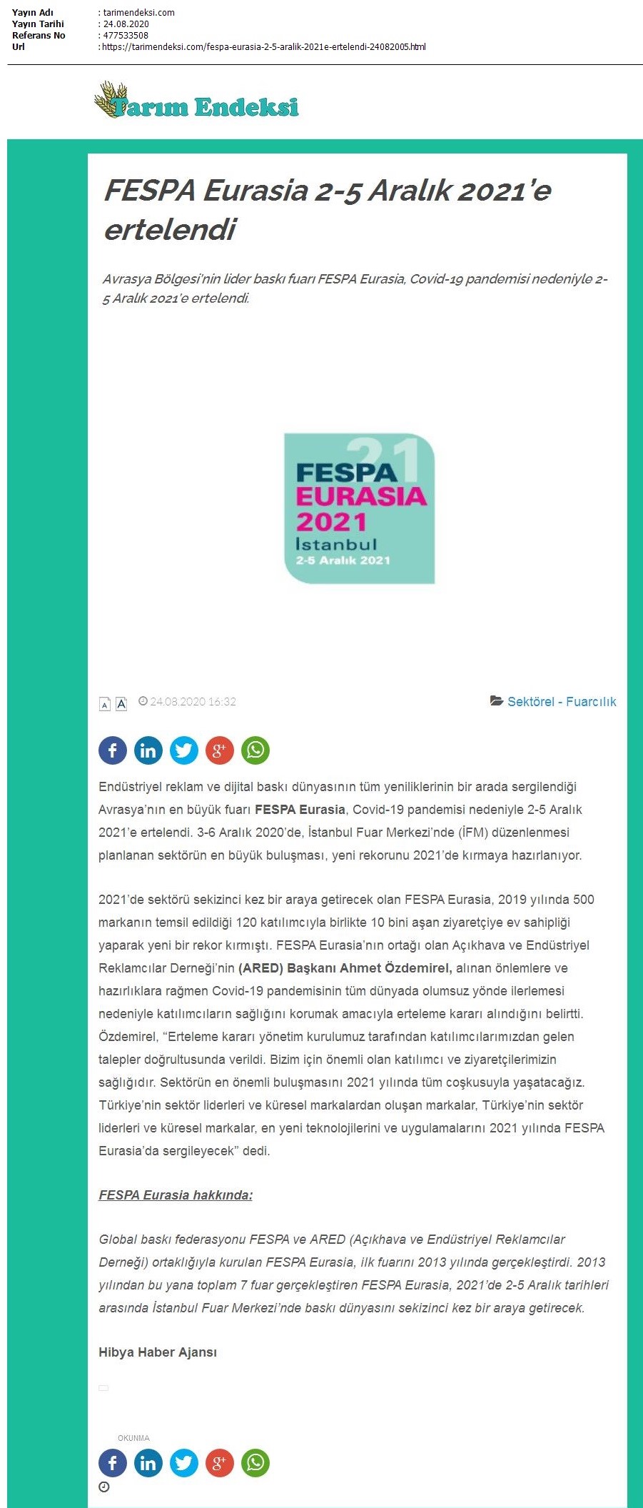 FESPA Eurasia 2-5 Aralık 2021’e ertelendi