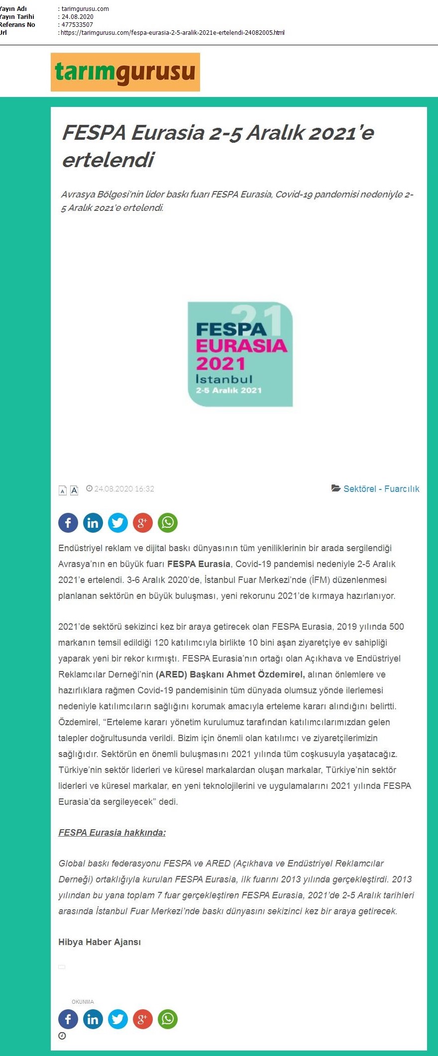 FESPA Eurasia 2-5 Aralık 2021’e ertelendi