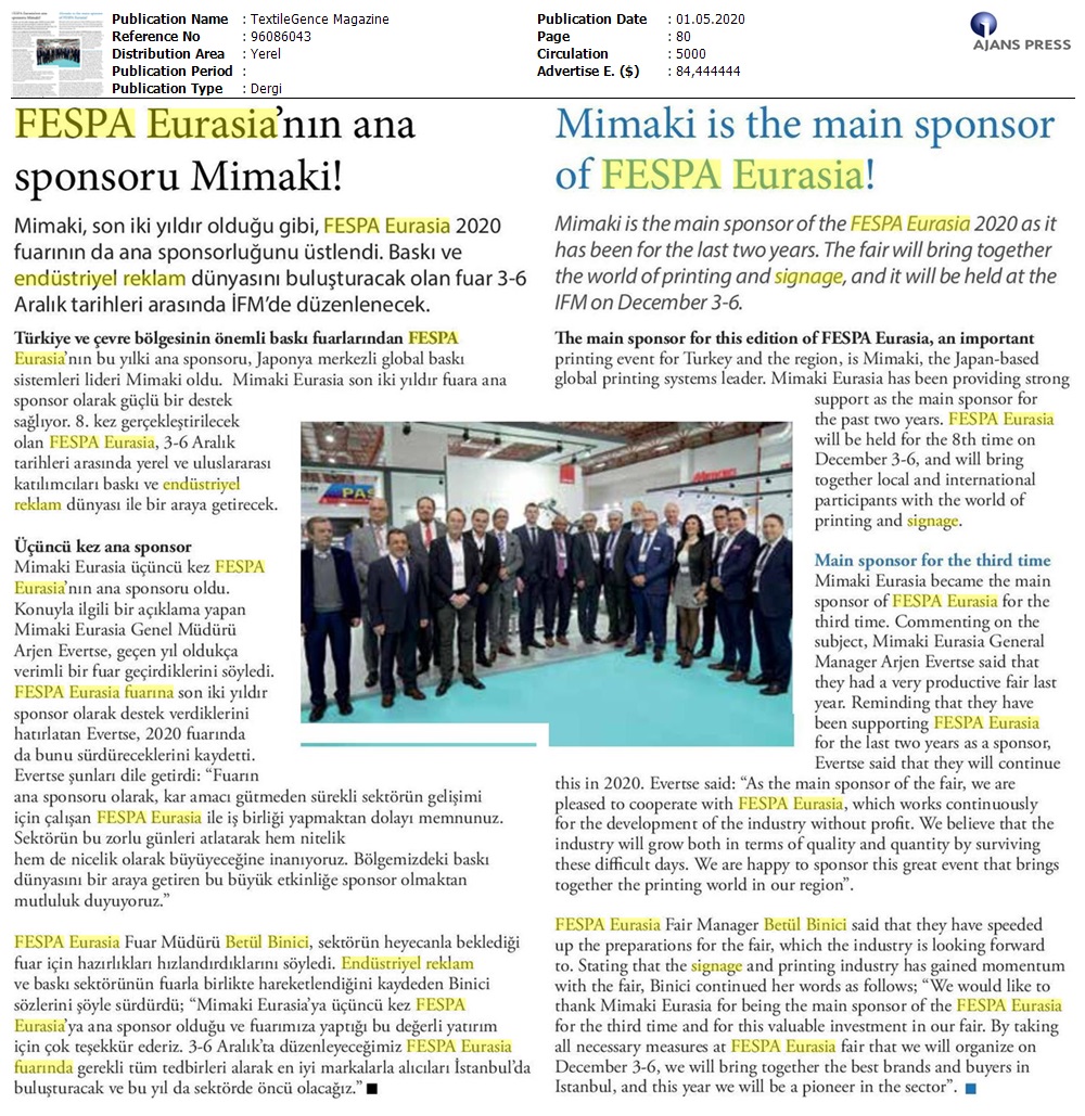 Fespa Eurasia'nın ana sponsoru Mimaki!