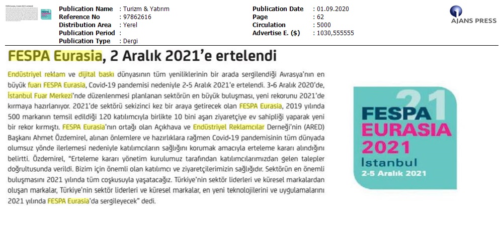 FESPA Eurasia 2-5 Aralık 2021’e ertelendi