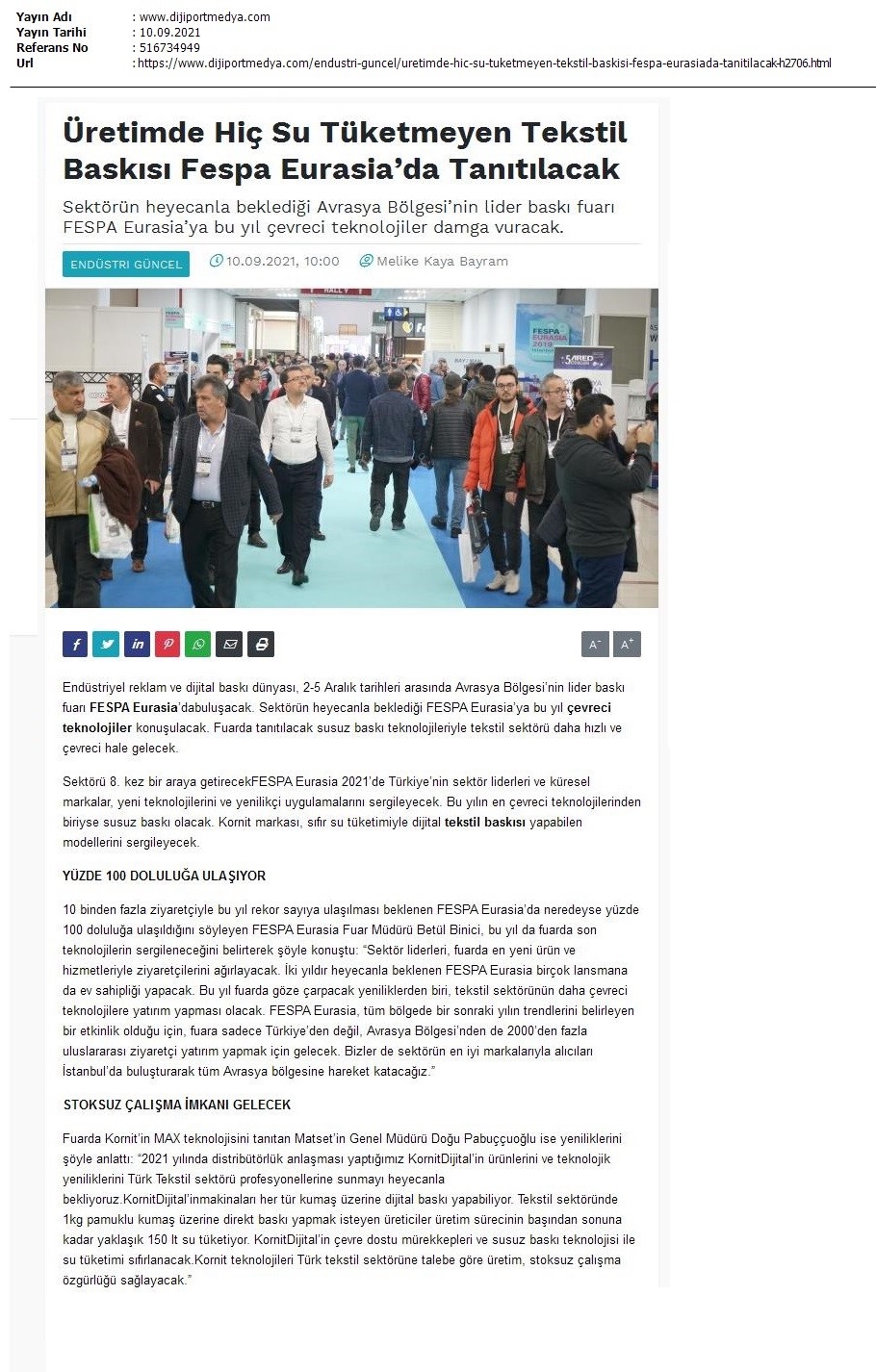 Hiç su tüketmeyen tekstil baskısı FESPA Eurasia'da tanıtılacak