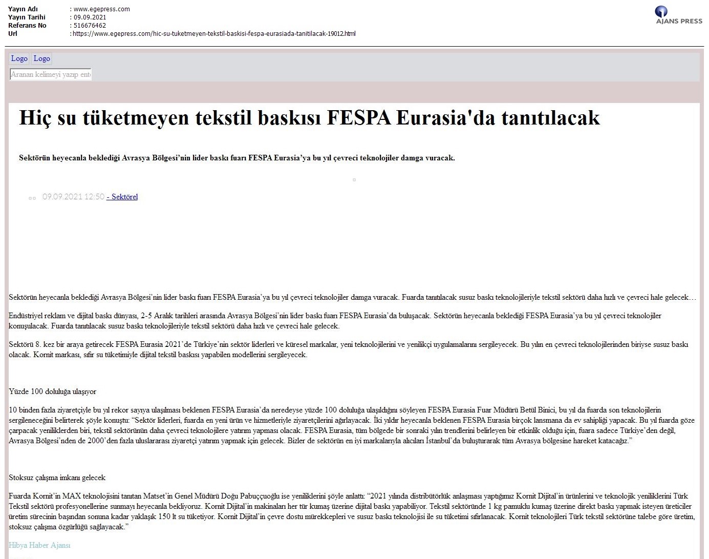 Hiç su tüketmeyen tekstil baskısı FESPA Eurasia'da tanıtılacak