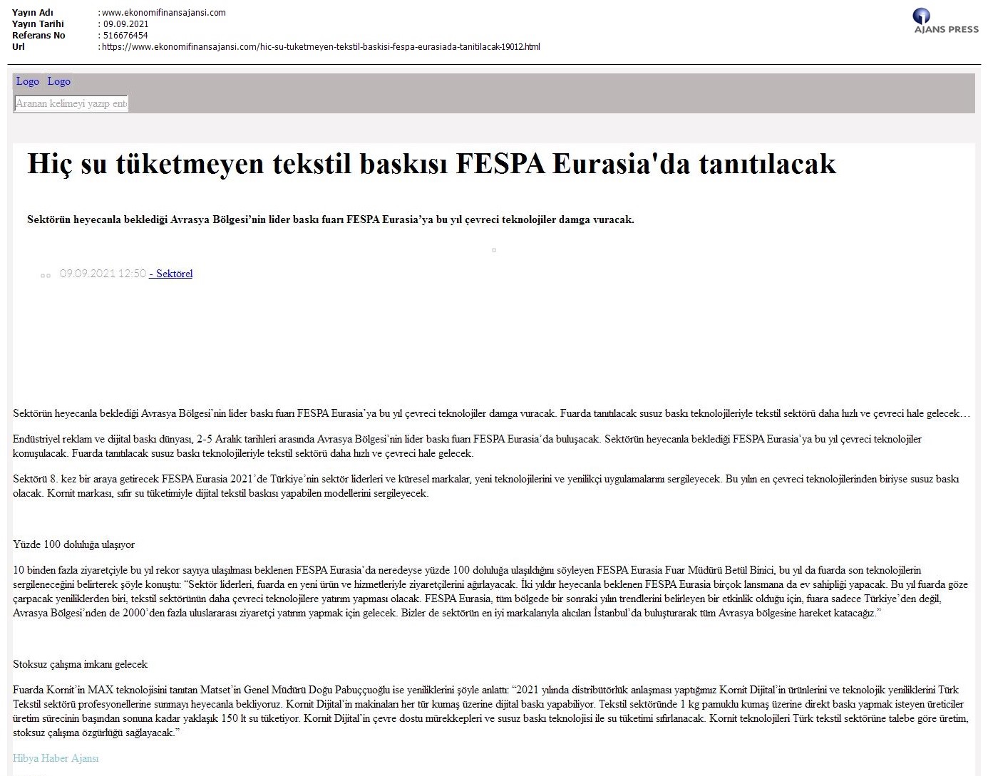 Hiç su tüketmeyen tekstil baskısı FESPA Eurasia'da tanıtılacak