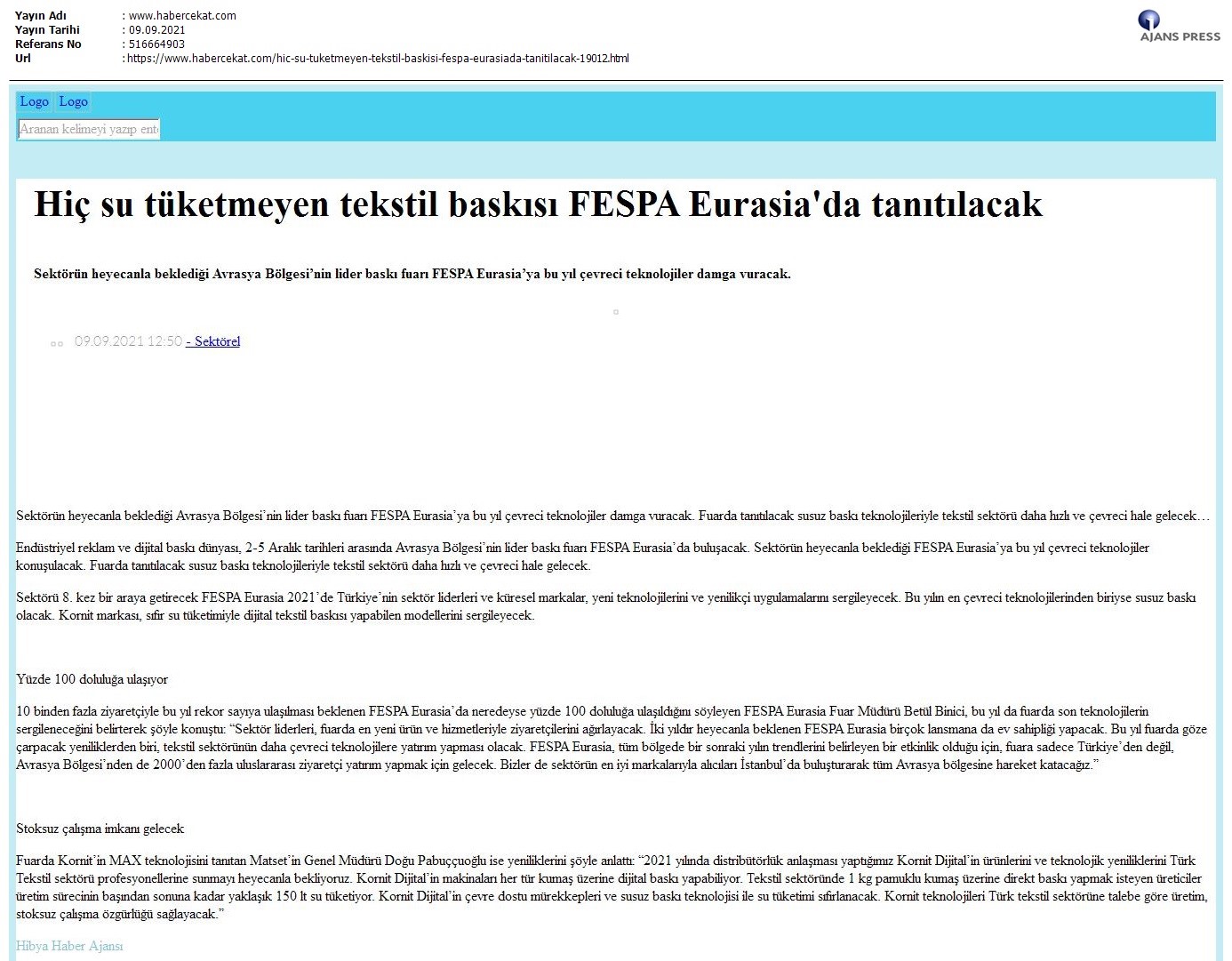 Hiç su tüketmeyen tekstil baskısı FESPA Eurasia'da tanıtılacak