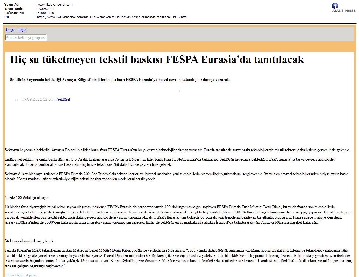 Hiç su tüketmeyen tekstil baskısı FESPA Eurasia'da tanıtılacak